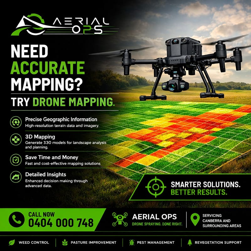 🌾 Need Accurate Mapping? Try Drone Mapping! 🚁 When precision matters, Aerial Ops delivers results from above. Our DJI Matrice 4E drone captures high‑resolution terrain data and 3D models — perfect for farm planning, land management, and environmental analysis. ✅ Precise geographic information ✅ Fast, cost‑effective mapping ✅ Detailed insights for better decisions Smarter solutions. Better results. 📍 Servicing Canberra and surrounding areas 📞 Call now: 0404 000 748 🌐 www.aerialops.com.au #AerialOps #DroneMapping #CanberraFarms #PrecisionAgriculture #DroneServices #MappingAustralia #SmartFarming #DJIMatrice4E